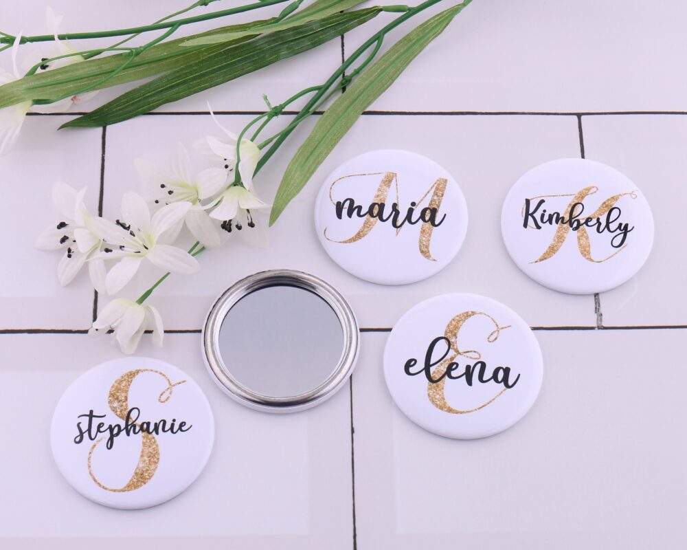 Personalized One-Sided Compact Mirror Your Name Initial Wedding Favor Monogram Junior Bridesmaid Bachelorette Gift Gold Alphabet Makeup