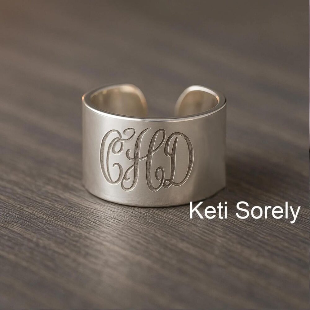 10K, 14K Solid Gold Or Sterling Silver Hand Engraved Monogram Initials Ring Cuff in Sterling, Yellow, Rose White For Woman
