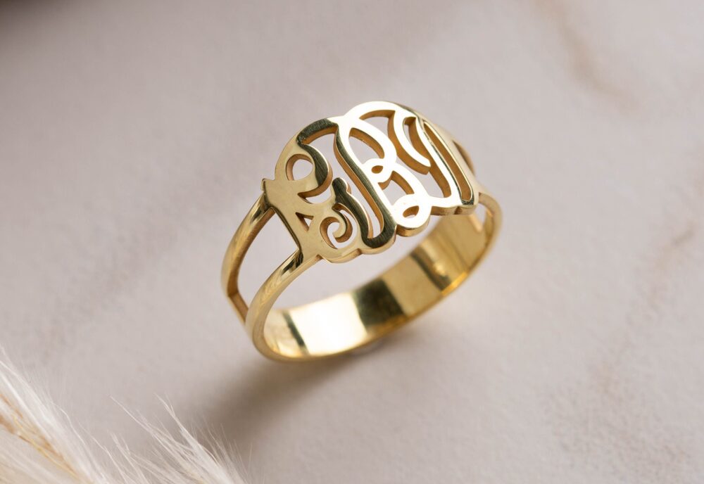 Monogram Initials Ring in 14K Gold, Personalized Gift, Trio Letter Signet Ring, Custom Statement Name Bridesmaid Gift Gold