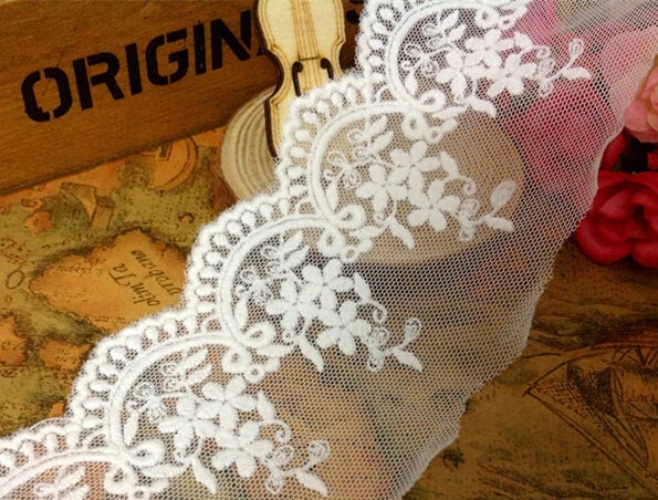 5 Yards/Lot Width 7cm 2.75" White High Quality Mesh Embroidery Lace Trim Ribbon Fabric For Dress /Skirt Clothes L4K517 1042522