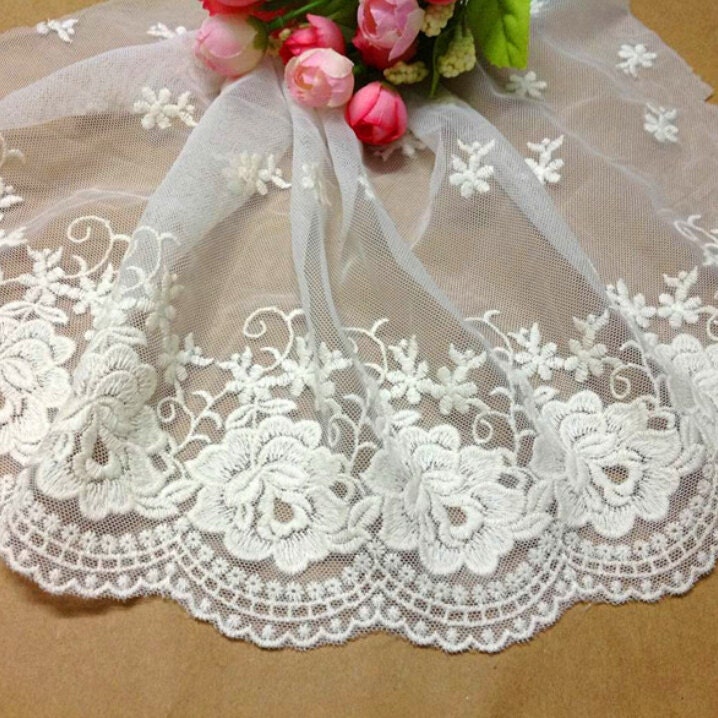 1 Yard Width 28cm 11" White/Beige Mesh Embroidery Lace Trim Ribbon Fabric For Dress Clothes L4K57 1024751