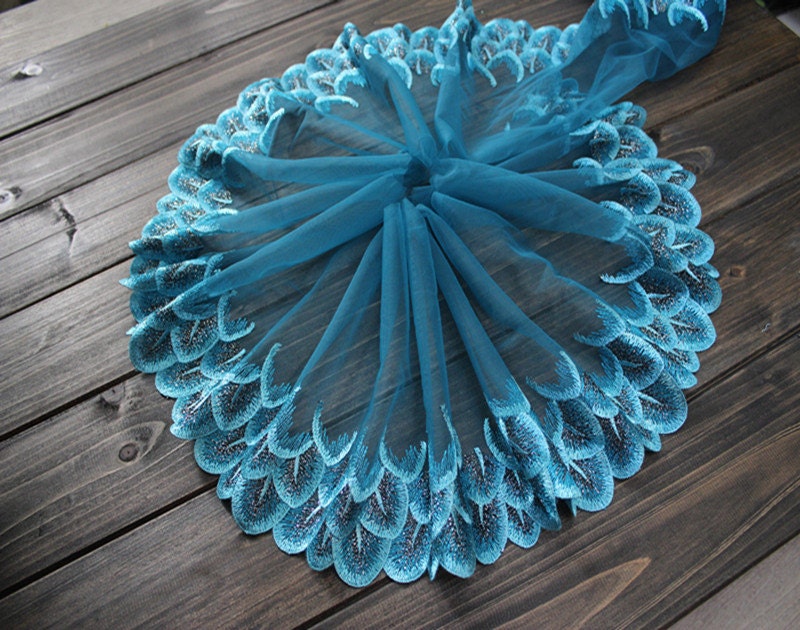 5 Meter 22cm 8.66" Wide Blue Mesh Tulle Gauze Embroidered Tapes Lace Trim Ribbon Fabric L11D240Se9