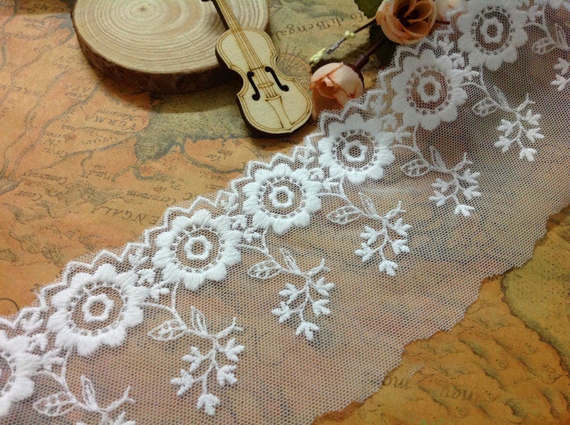 10 Yard/Lot Width 7.5cm 2.95" White Cotton Mesh Embroidery Lace Trim Ribbon Fabric For Dress Clothing 1042433L4K486