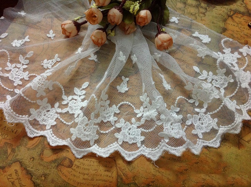 10 Yard/Lot Width 19cm 7.48" White Mesh Embroidery Lace Trim Ribbon Fabric For Dress Clothing 26108L4K487