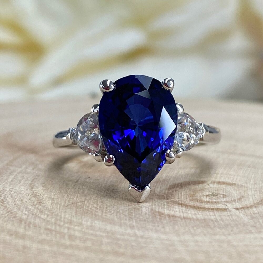 Blue Sapphire Pear Shape Engagement Ring, & Moissanite Three Stone Wedding Birthstone Ring #6811