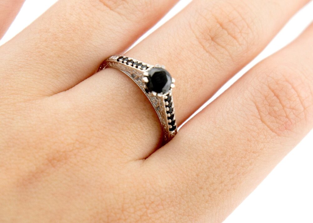 Luxurious Black Diamonds Engagement Ring, Dainty 18K White Gold Alternative Vintage Solitaire Unique Stone Ring