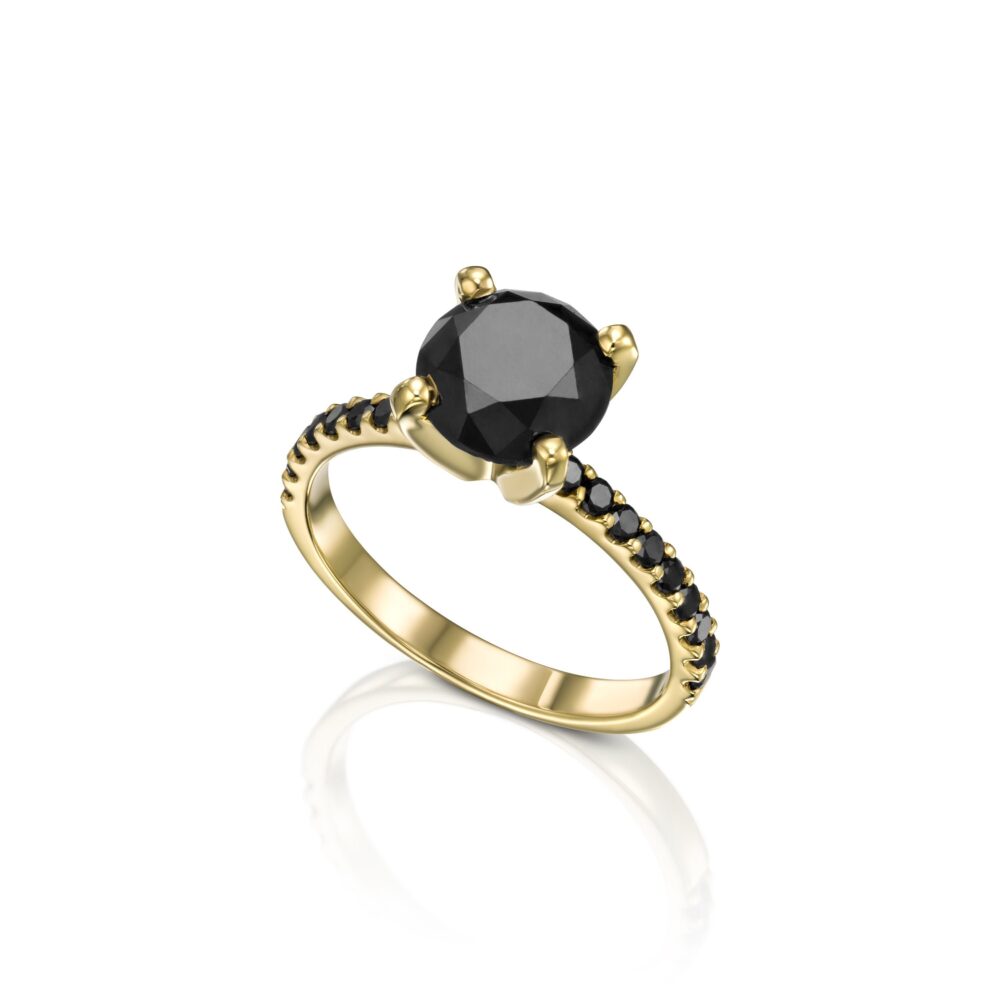 2.35 Carat Black Diamond Engagement Ring, Promise Set With Side Diamonds in 14K Yellow Gold in Pave Setting