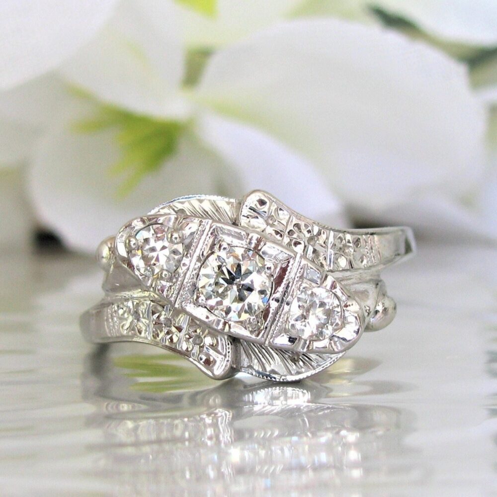 Unique Vintage Engagement Ring 0.40Ctw Diamond Trilogy Anniversary 14K White Gold Orange Blossom Motif Wedding Size 8