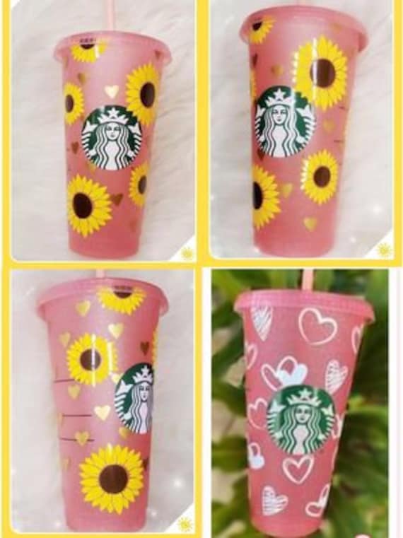 Starbucks Personalized Custom Glitter Cup With Name, Starbuck Sunflower Hearts Cold Tumbler, Iced Coffee Cup, Gift