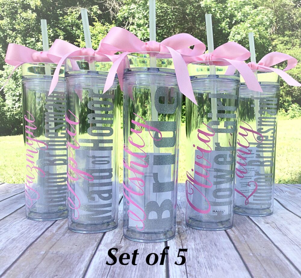 5 Personalized Bridesmaid Skinny Tumbler With Glitter Vinyl Gift Set Wedding Party Acrylic Cups