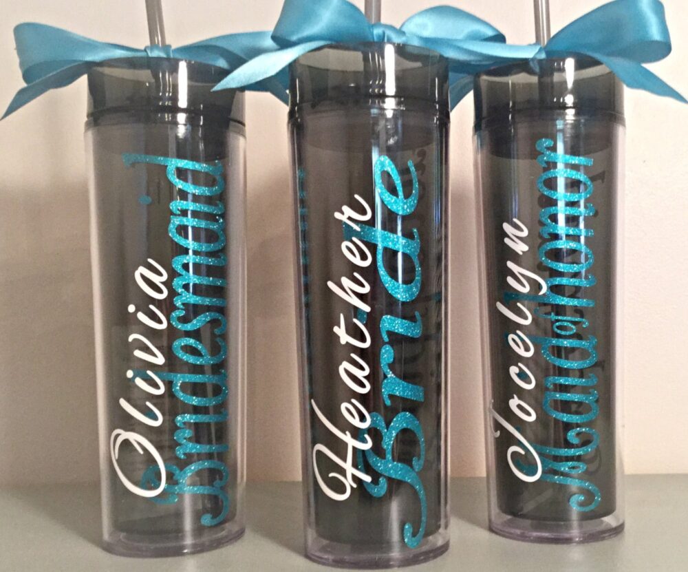 Personalized Bridesmaid Skinny Tumbler With Glitter Vinyl Gift Set Wedding Party Acrylic Cups