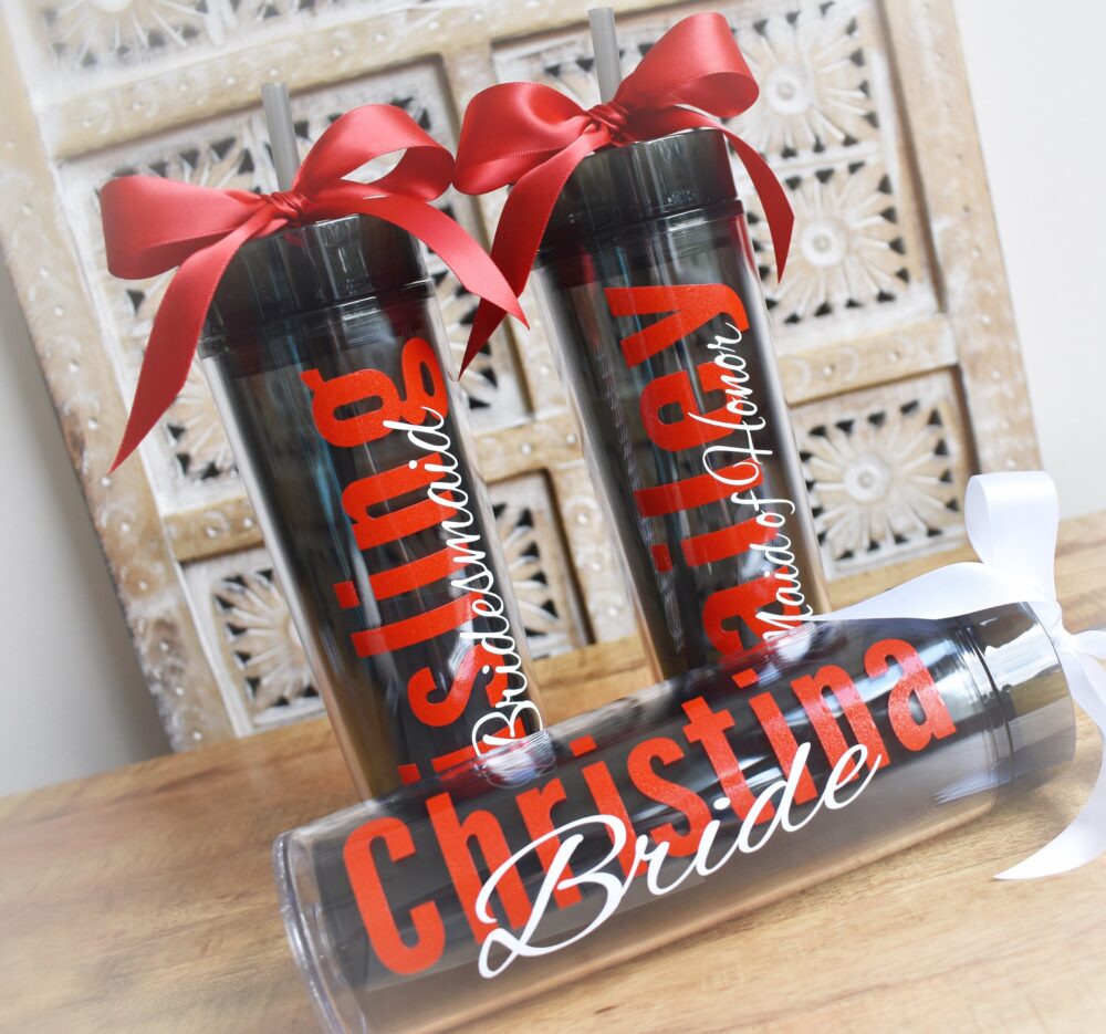 Personalized Bridesmaid Skinny Tumbler With Glitter Vinyl Gift Set Wedding Party Acrylic Cups