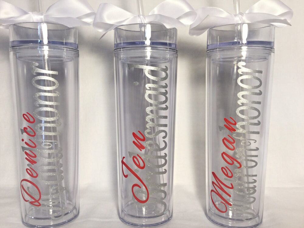 Personalized Bridesmaid Skinny Tumbler With Glitter Vinyl Gift Set Wedding Party Acrylic Cups