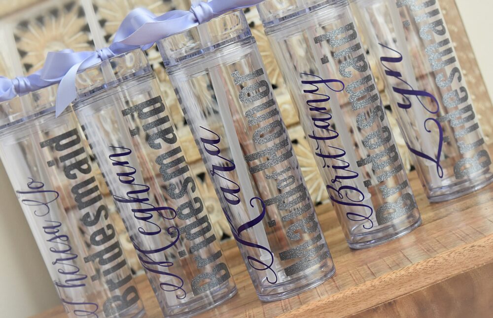 Personalized Bridesmaid Skinny Tumbler With Glitter Vinyl Gift Set Wedding Party Acrylic Cups