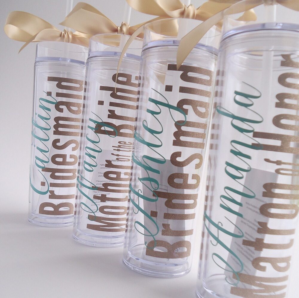 Personalized Bridesmaid Skinny Tumbler With Glitter Vinyl Gift Set Wedding Party Acrylic Cups