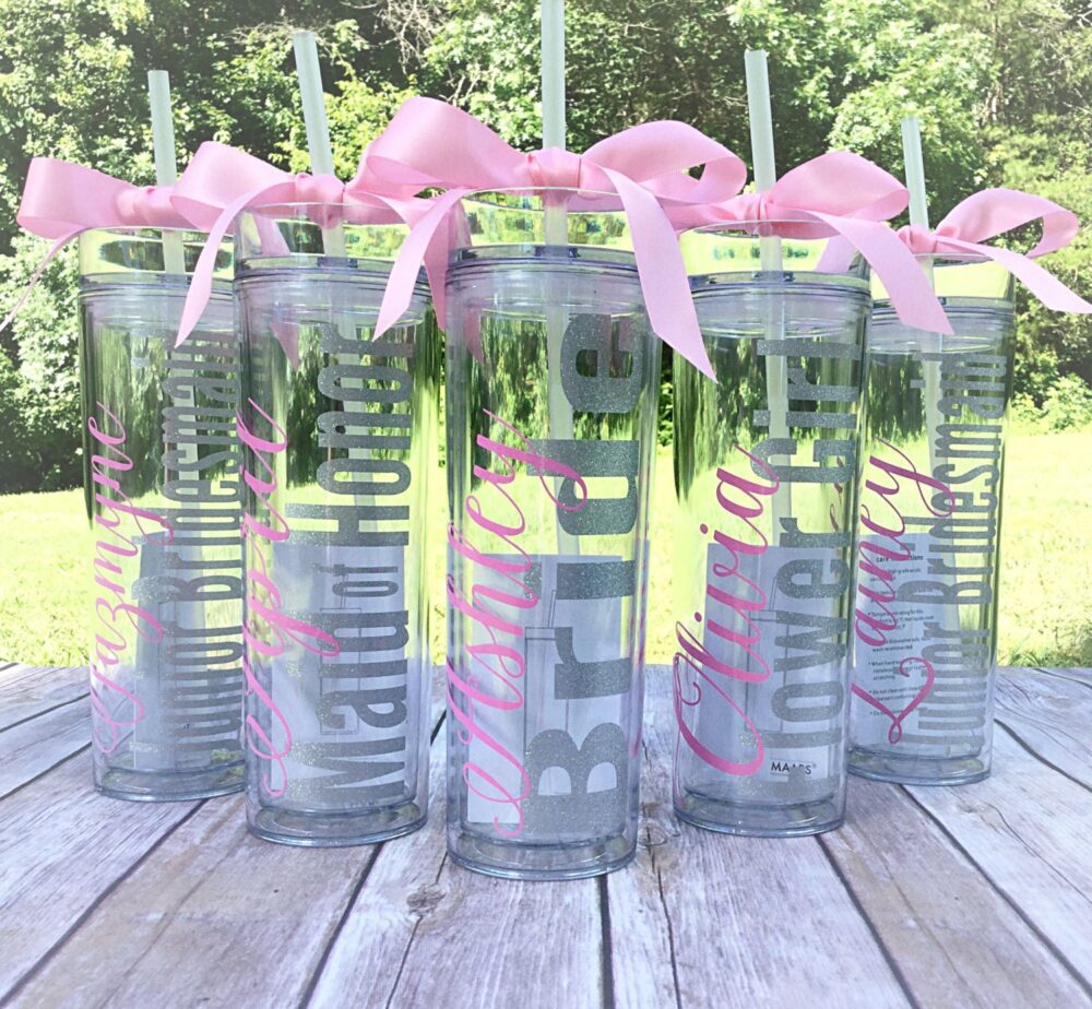Personalized Bridesmaid Skinny Tumbler With Glitter Vinyl Gift Set Wedding Party Acrylic Cups