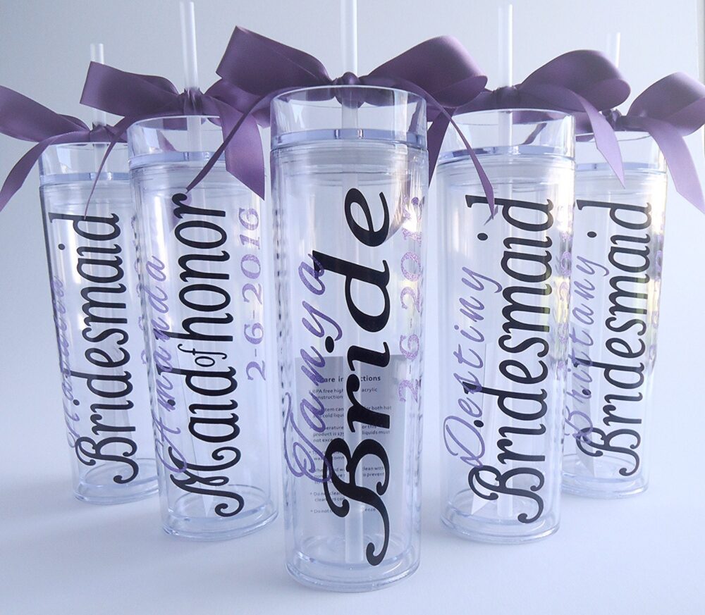 Personalized Bridesmaid Skinny Tumbler With Glitter Vinyl Gift Wedding Party Acrylic Cup