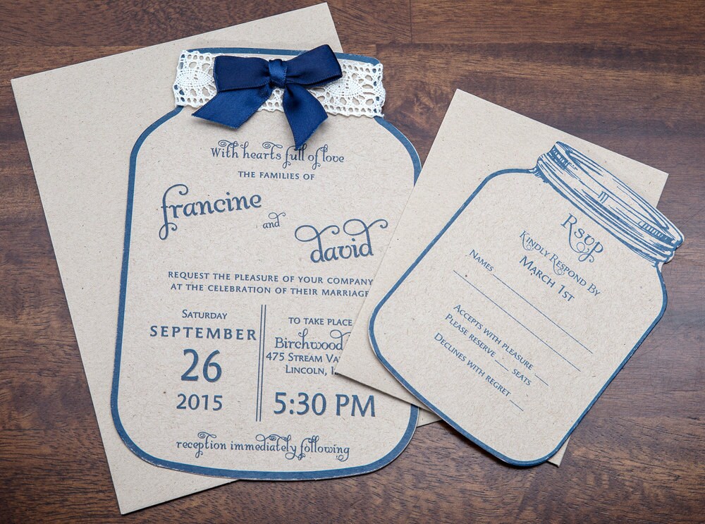 Mason Jar Wedding Invitation, Country Wedding, Vintage Rustic Chic Invitations, Recycled