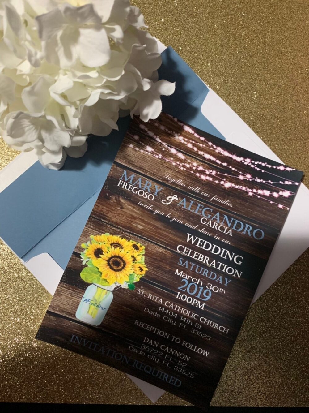 Country Wedding Invitation | Wood Rustic Wedding Mason Jar Sunflowers Stringed Lights Bohemian Navy