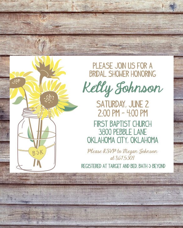Rustic Wedding Shower Invitation - Mason Jar Invitation, Recipe & Thank You Printable Sunflower
