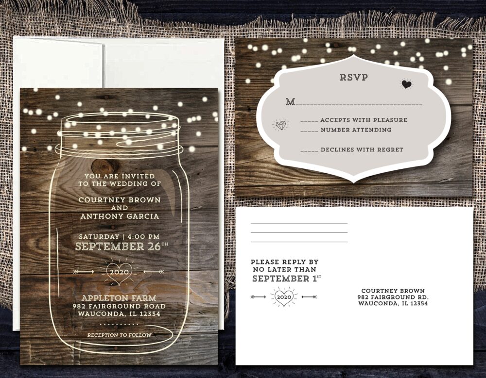 Mason Jar Wedding Invitation Set Rustic Barn String Lights, Rsvp Postcard