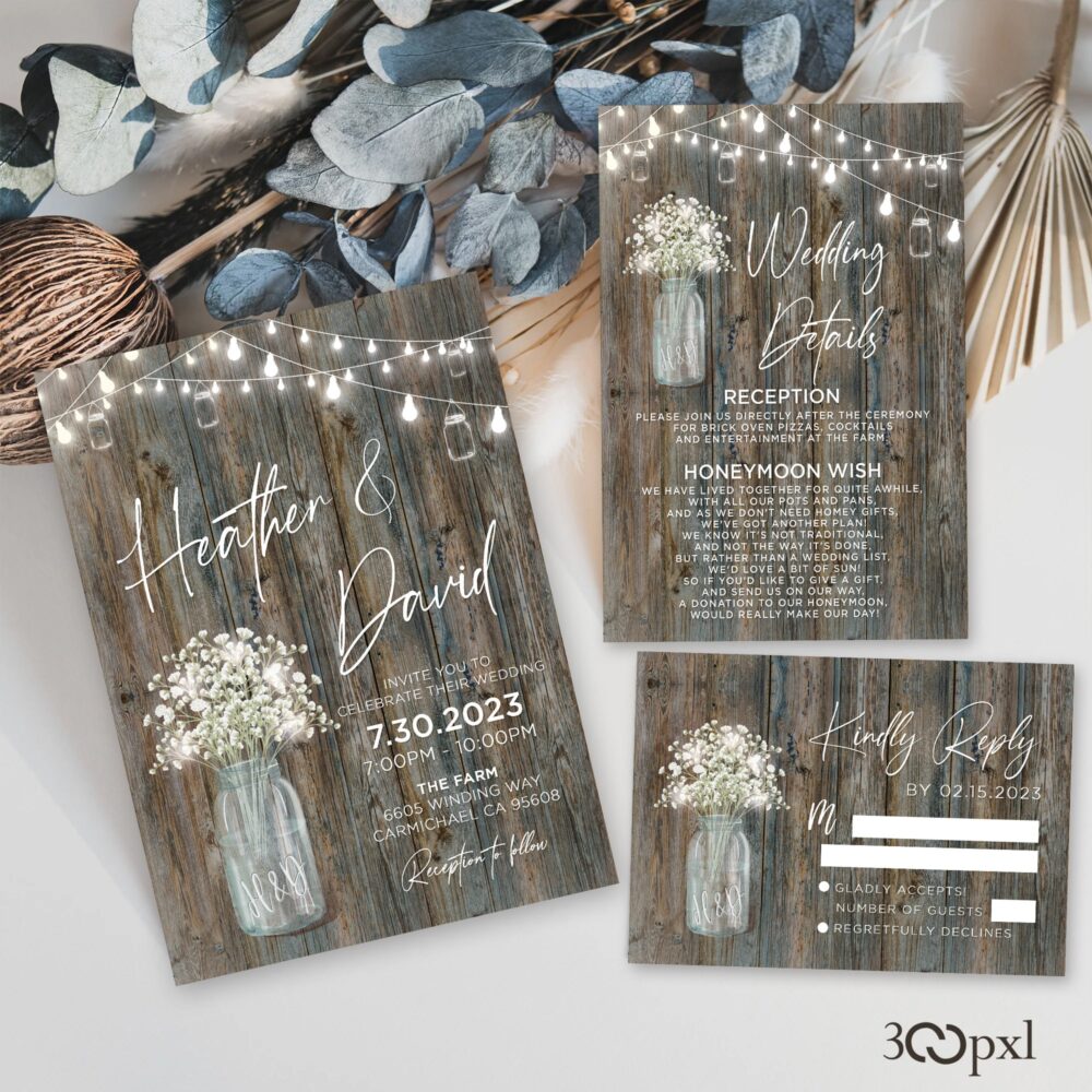 Rustic Mason Jar Wedding Invitation Set Fairy Lights & Wood