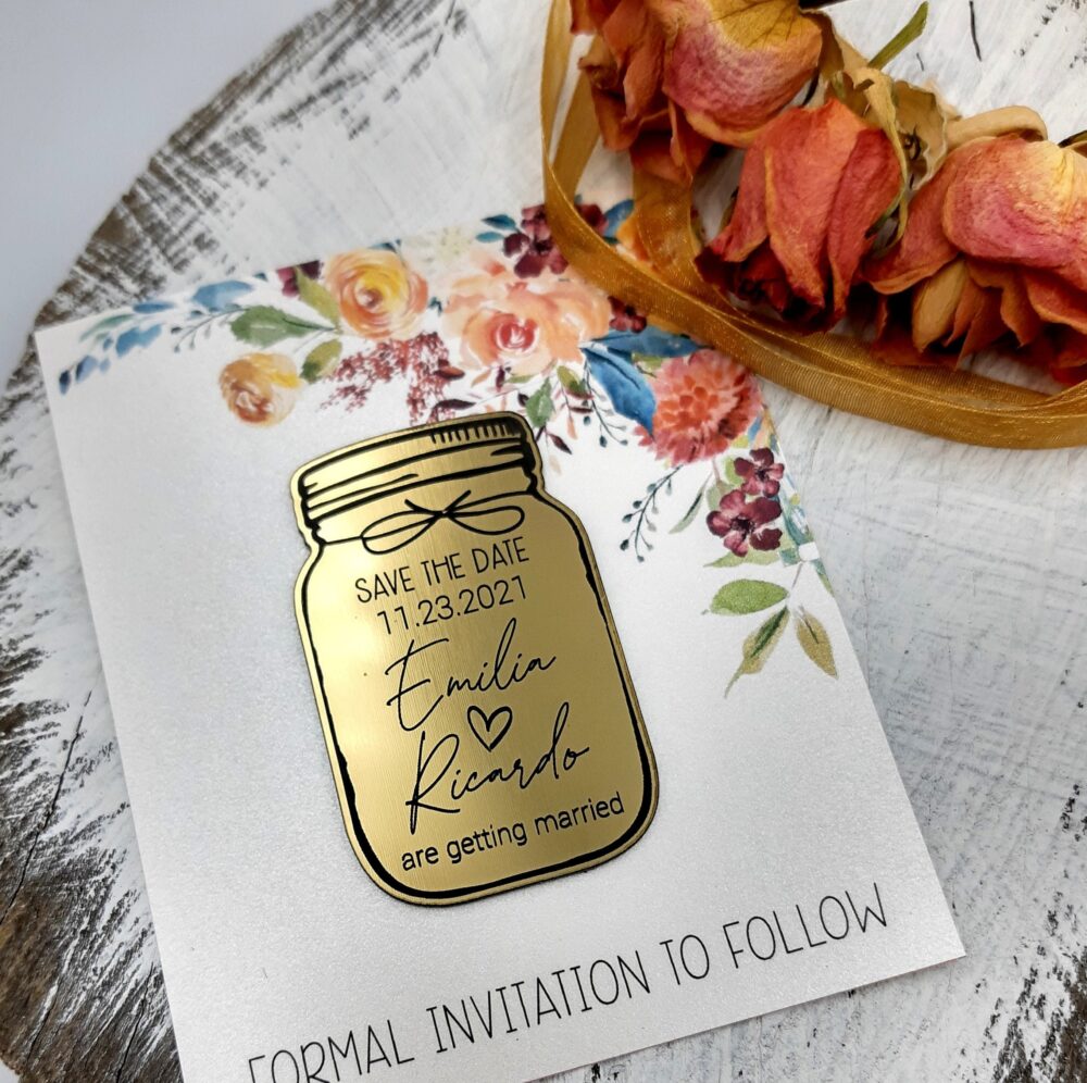 Mason Jar Save The Dates - Wedding Date Magnets Gold, Copper Or Silver With Cards Mason