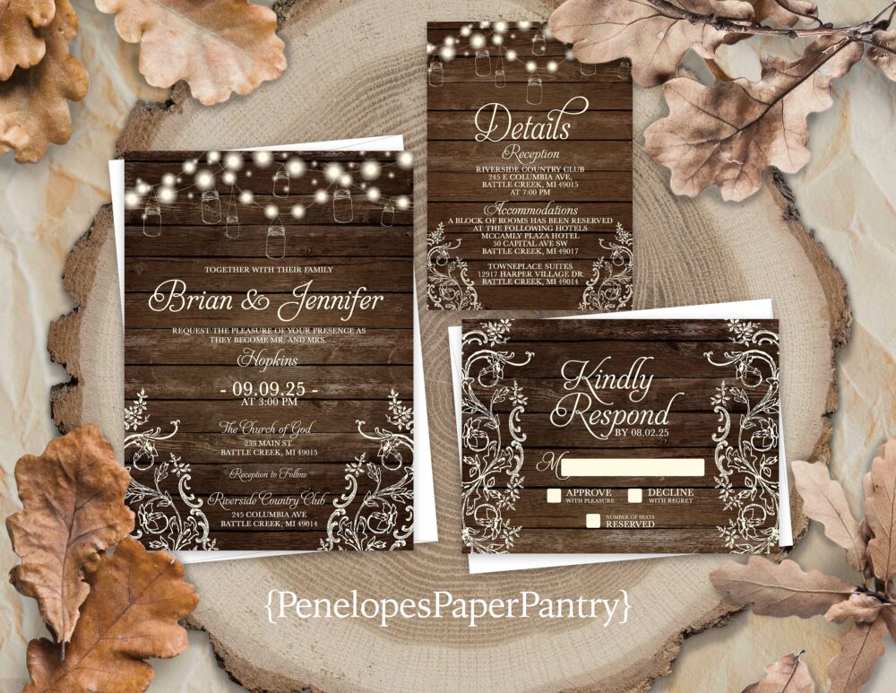 Rustic Fall Wedding Invitation, Mason Jar Lights, Fairy Lights, Barn Wood, Antique Lace, Romantic, Personalized, Printed Invitation, Wedding Set