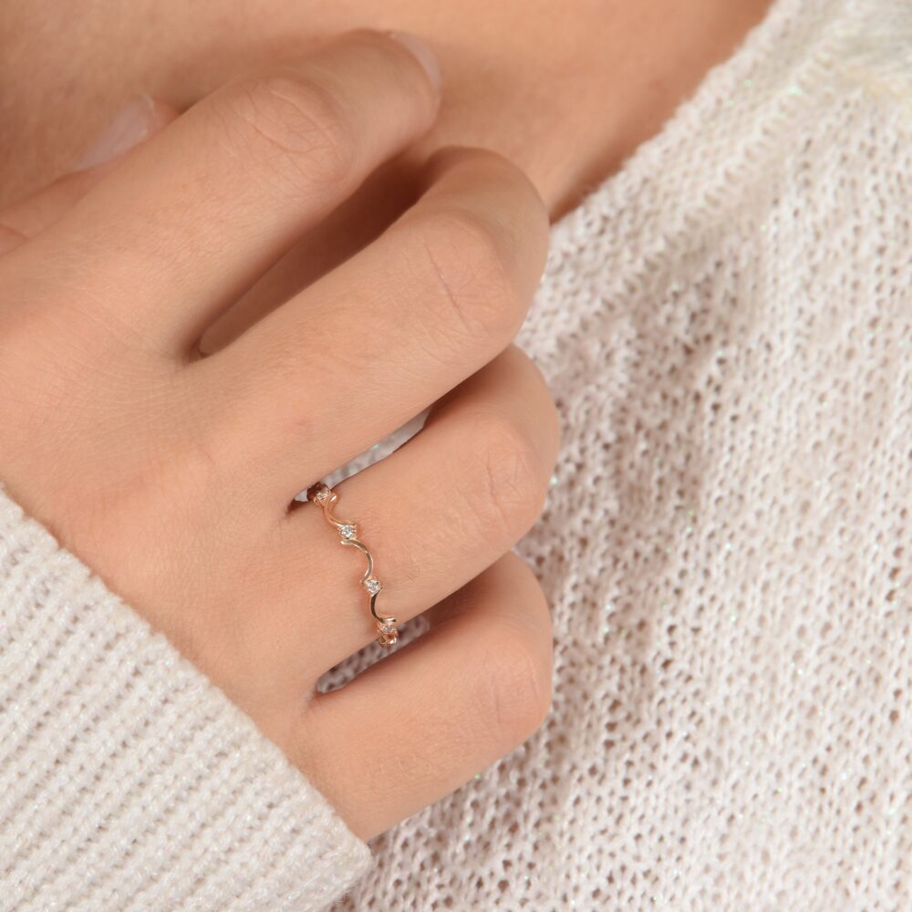 Womens Diamond Wedding Band, Minimalist Art Deco Dainty 14K Rose Gold Band