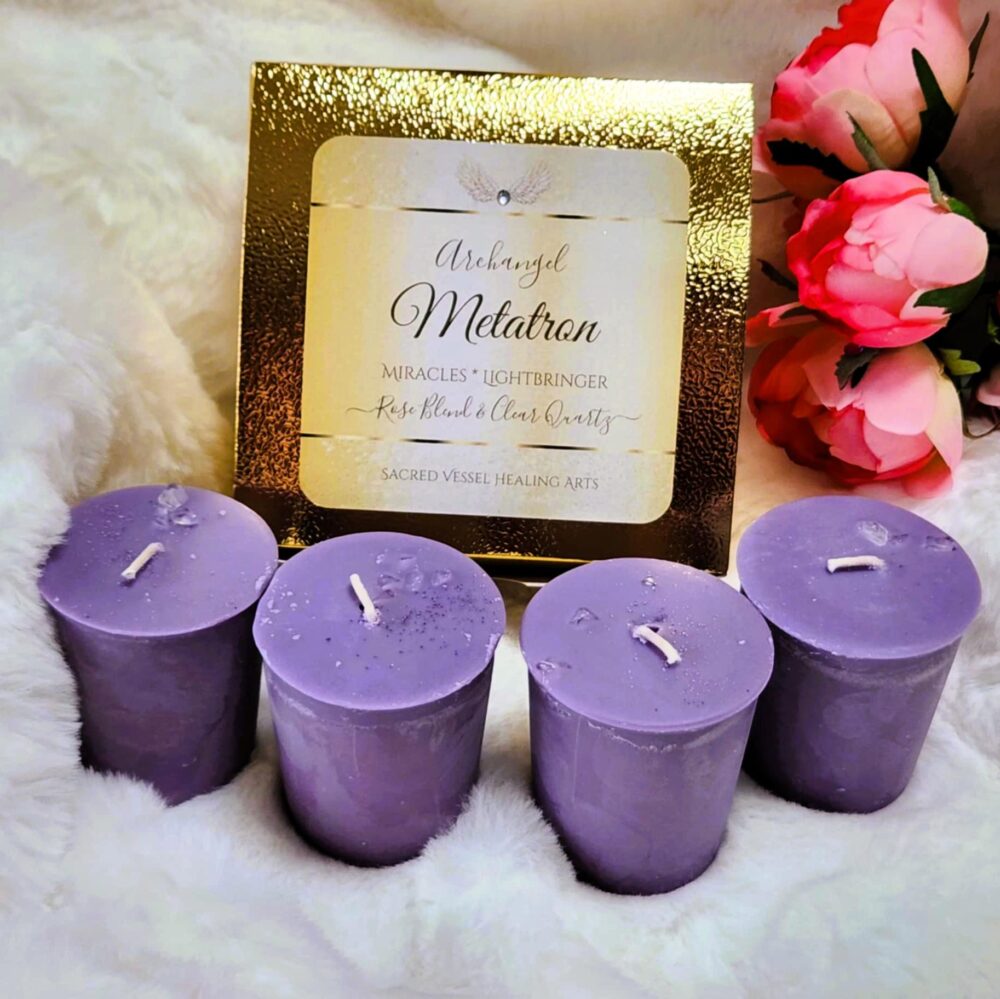 Archangel Metatron Candles Devotion Votives Soy Box Set Of 4 W/Clear Quartz Rose Oil Angel Miracles Lightbringer Activation Cosmic Scribe