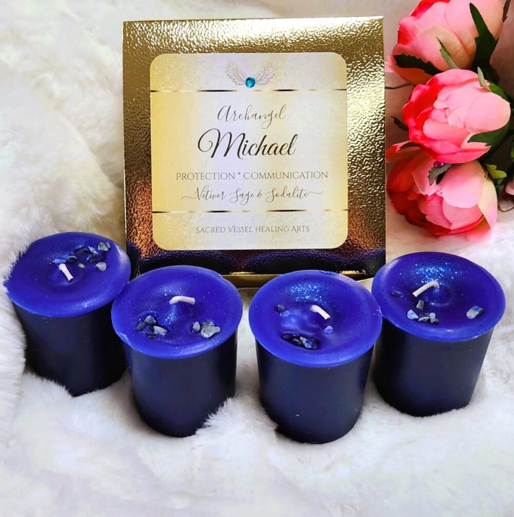 Archangel Michael Candles Devotion Votives Box Of 4 W/Sodalite Gemstones Vetiver Sage Protection Angel Courage Strength Truth Clarity Shield