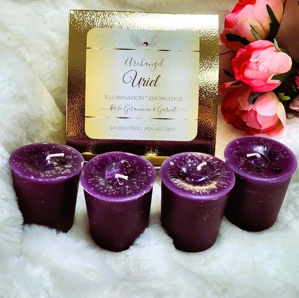 Archangel Uriel Candles Devotion Votives Box Of 4 W/Garnet Gemstones, Rose Geranium Higher Wisdom & Learning, Angel Peace, Gift