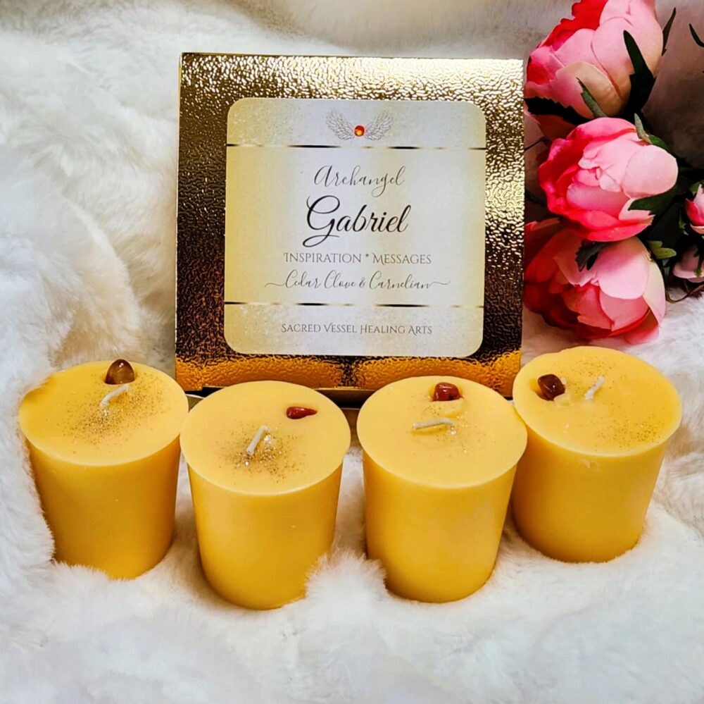 Archangel Gabriel Candles Devotion Votives Box Set Of 4 W/Carnelian Gemstone, Angel Messenger, Prayer Ritual, Clarity Creativity Cedar Clove