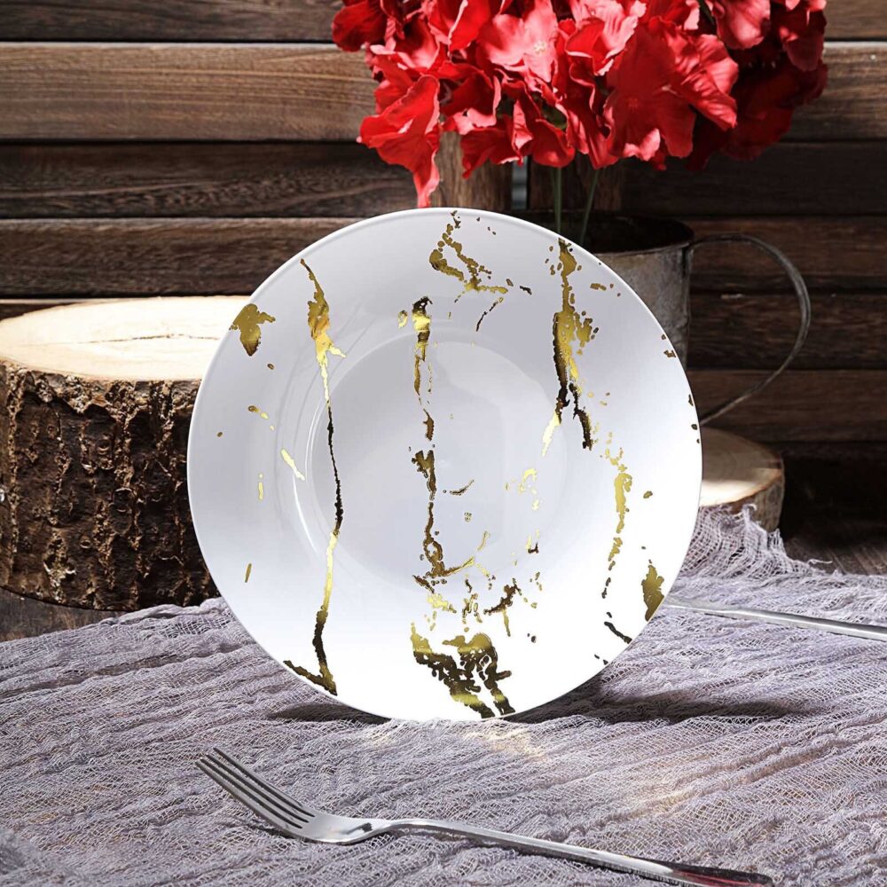 8" White Disposable Plastic Plates, Round Salad Plates, Dessert Heavy Duty Reusable Plates - 10 Pack | Gold Marble Design