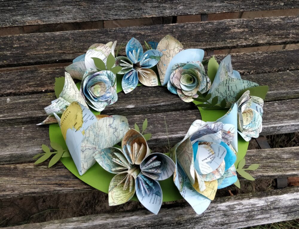 Vintage Map Wreath. Wedding Decoration, Candle Holder. Centerpiece Lantern Decoration