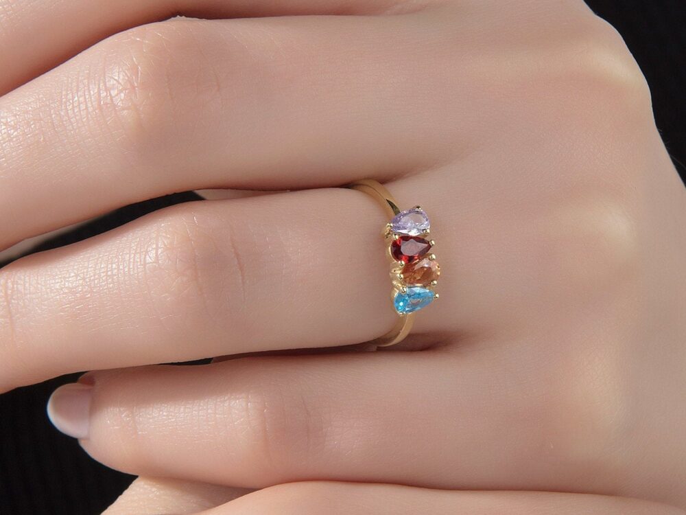 Custom Family Birthstone Rings, Personalized Jewelry, Initial Rings For Mothers, Silver Pear Gemstone Unique Gifts Mom