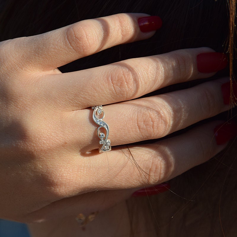 Antique Wedding Band, Women Silver Art Deco Victorian Cz Band