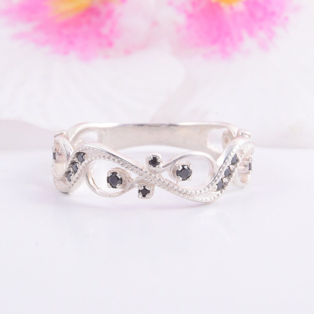 Art Deco Womens Wedding Band, Sterling Silver Band With Black Stones, Black Cz Band, Unique Band, Antique