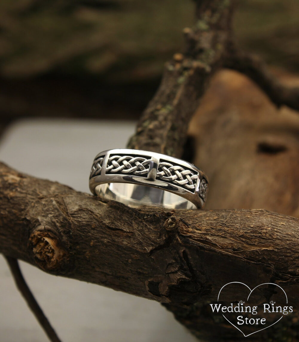 Braided Wedding Band in Antique Style, Sterling Silver Braided Ring, Unique Womens Twisted Band, Mens Wide Silver Ring