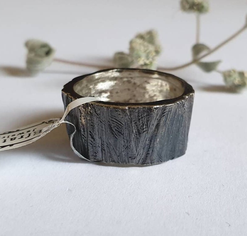 Wedding Band Men, Oxidized Silver Ring, Simple Ring Band, Sterling Tree Bark Wedding Mens