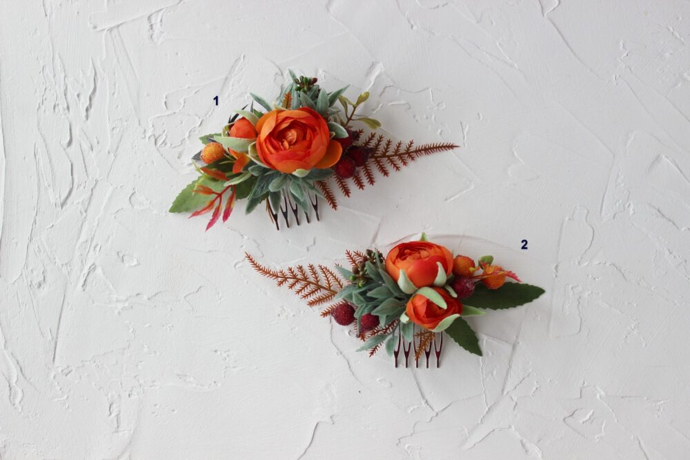 Burnt Orange Hair Comb, Fall Wedding Flowers, Floral Comb