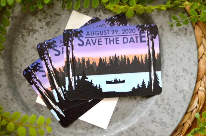 Lake Wedding Save The Date With Couple in Canoe At Dusk - & Woods The Note Card