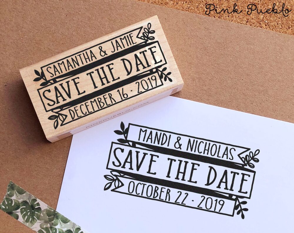 Rustic Save The Date Rubber Stamp | Custom Boho Botanical Design For Wedding Invitations