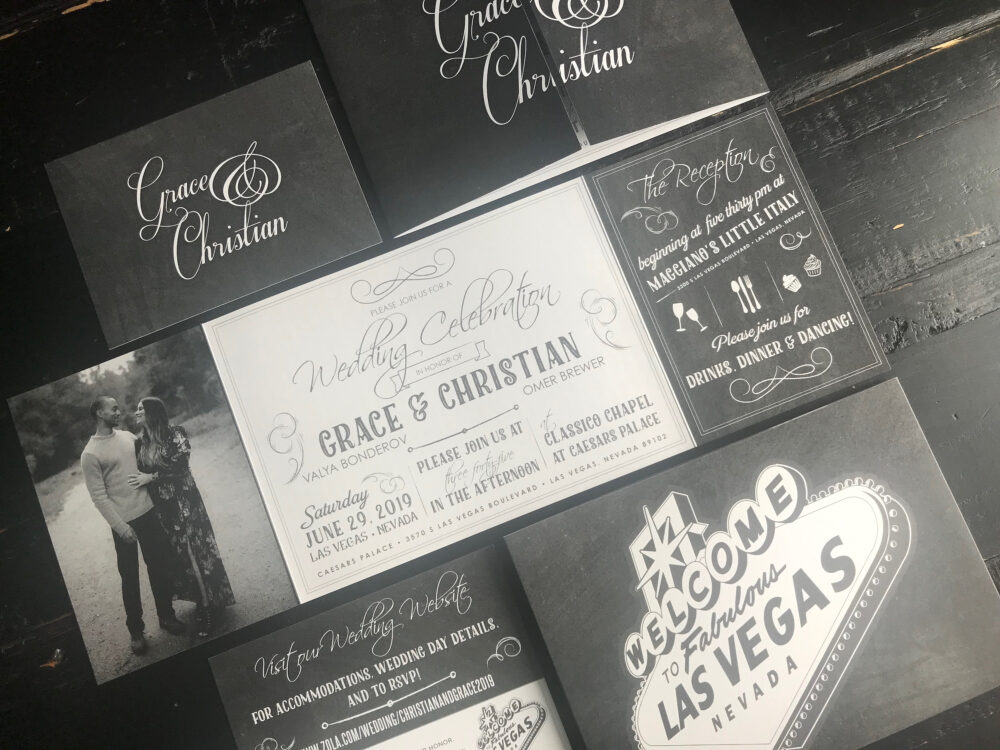Las Vegas Invitation | Chalkboard Custom Fold Wedding Suite Married in Announcement Sparkle