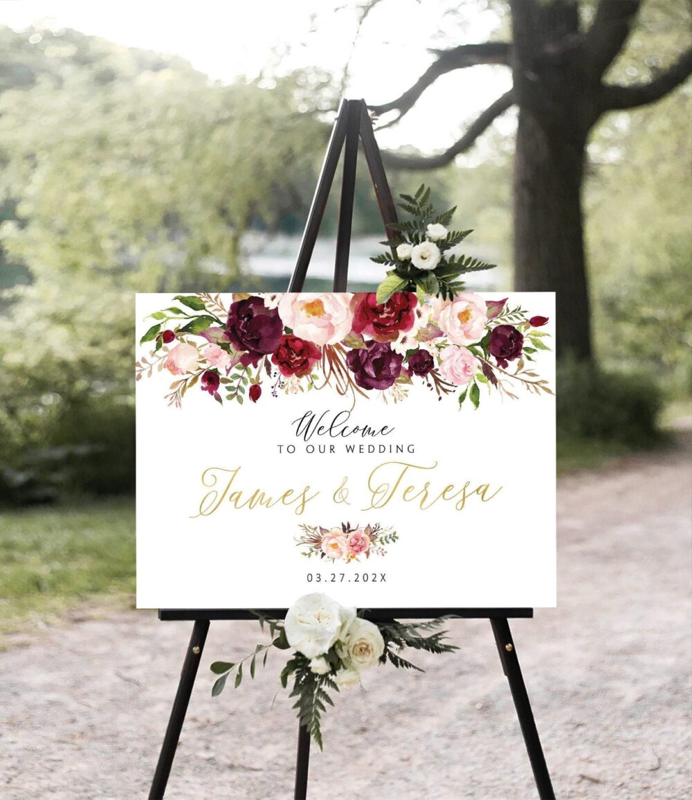 Wedding Welcome Sign, Signs, Blush Pink Decor, Burgundy Wedding Decor, Invitations, Signs
