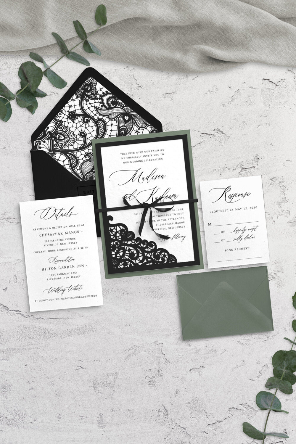 Black Lace Wedding Invitation Rustic Greenery, Modern Design