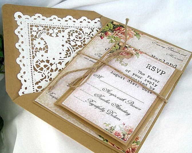 Rustic Wedding Invitation Kraft Lace Printed Shabby Chic Invite Vintage
