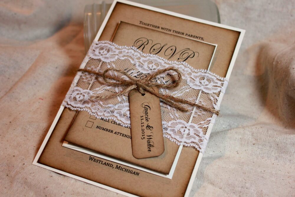 Rustic Wedding Invitations, Lace & Kraft Rustic Wedding Invite, Burlap Lace Wedding, Invitations, Distressed, Invitation