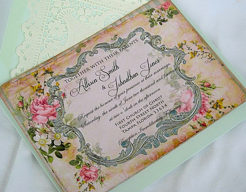 Rustic Wedding Invitation Mint & Blush Lace Shabby Chic Romantic