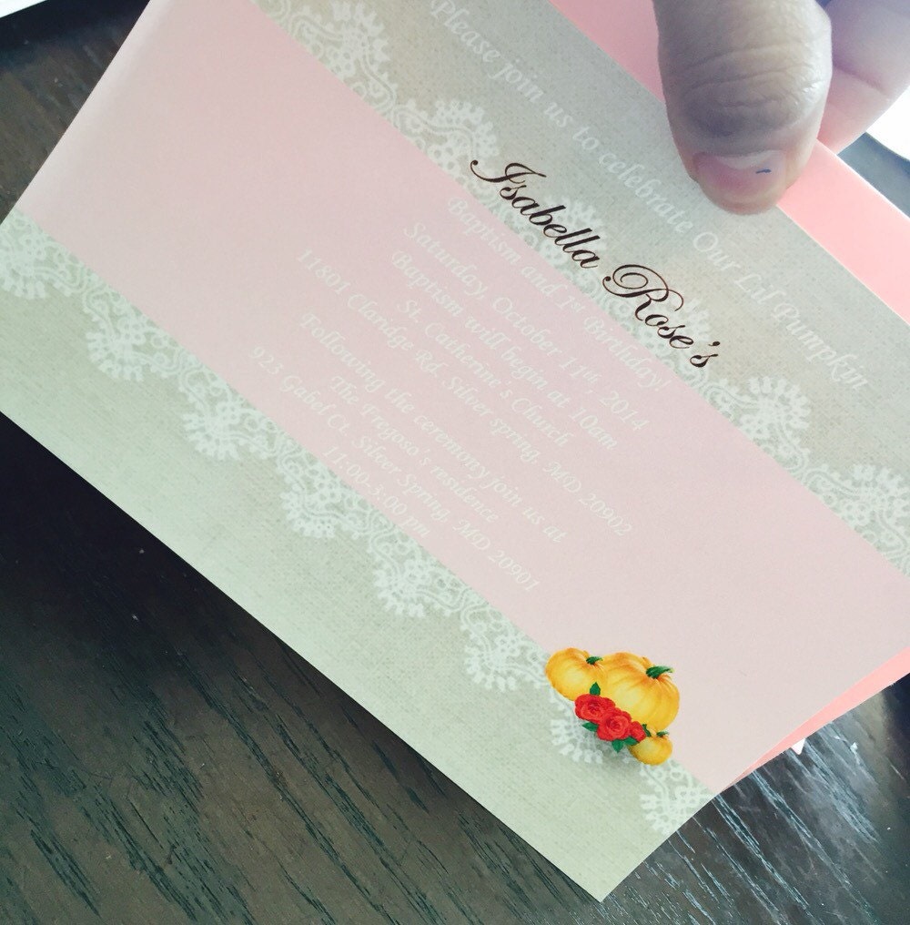 Pumpkin Birthday Invitation | Roses Pumpkins Farm Birthday Outdoor Babys First 1st Rustic Theme |Lace